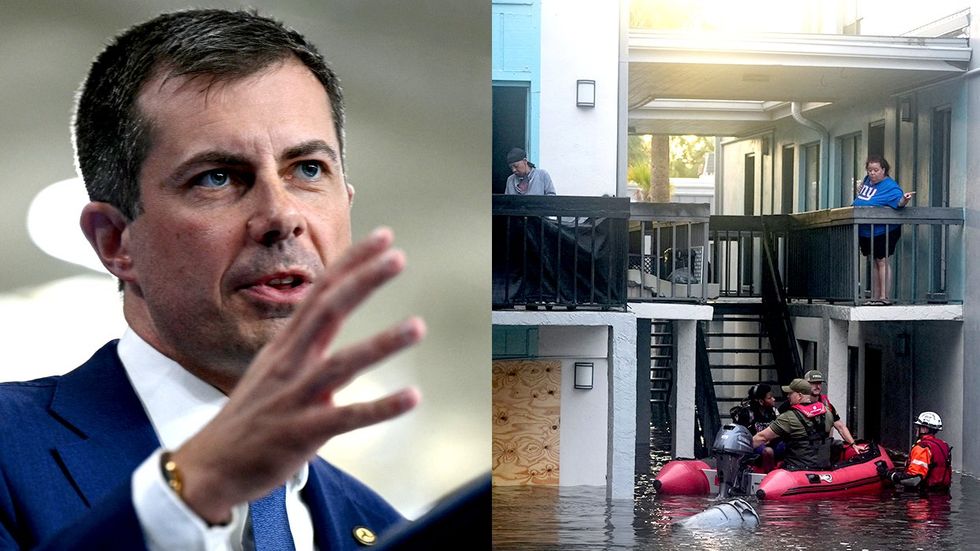 US Transportation Secretary Pete Buttigieg speaks Residents are rescued from an their second story apartment complex in Clearwater flooded from Hurricane Milton October 2024 Florida