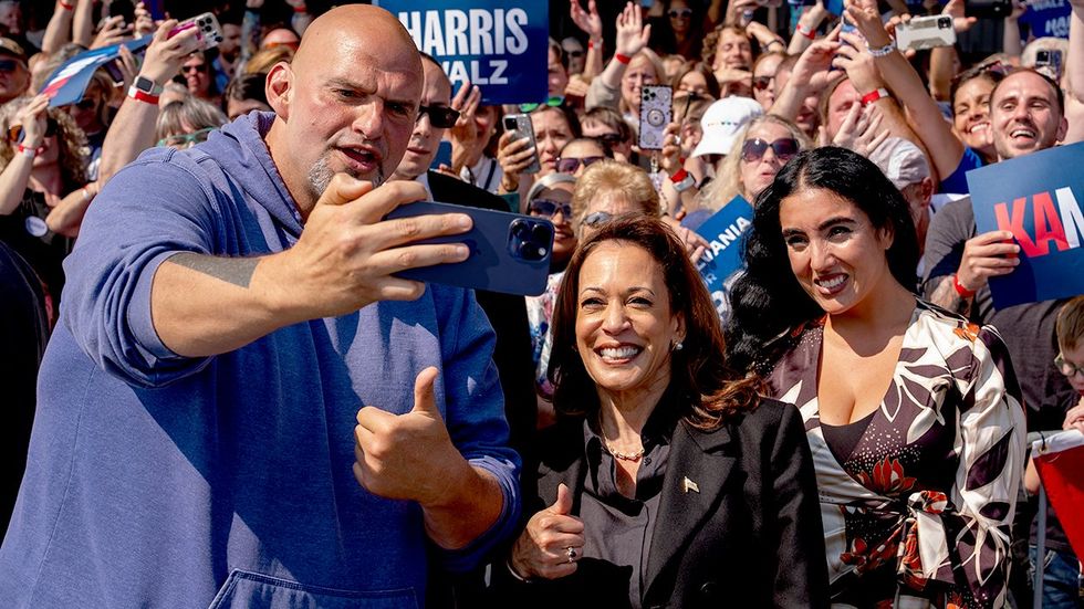 US Vice President Kamala Harris selfie with Senator John Fetterman and his wife Gisele Barreto Fetterman Johnstown Pennsylvania