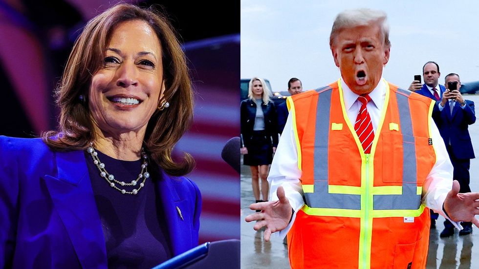 US Vice President Kamala Harris speaks during a When We Vote We Win campaign rally Republican presidential nominee former President Donald Trump speaks to the media at Green Bay Austin Straubel International Airport