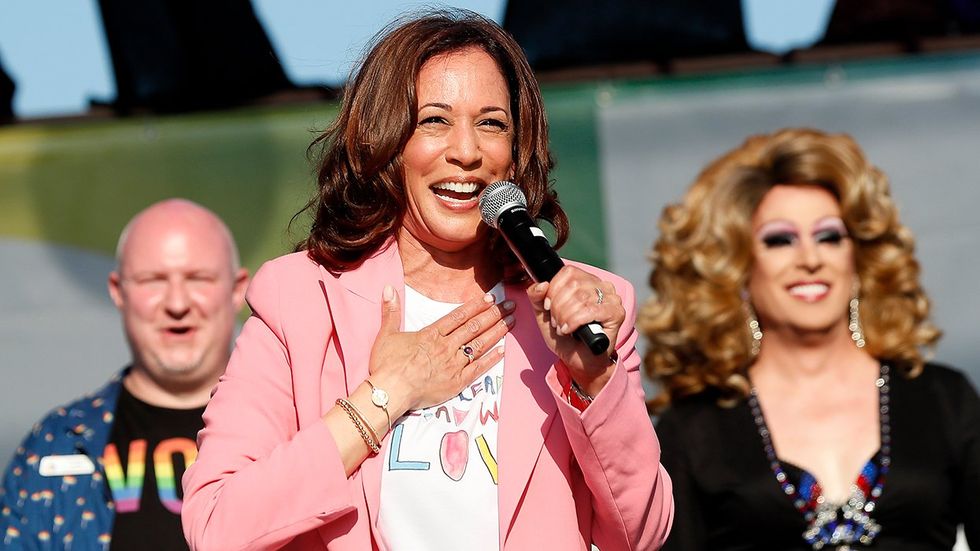 US Vice President Kamala Harris speaks on stage at the Capital Pride concert and festival on Pennsylvania Avenue during Pride Week June 2022 Washington DC