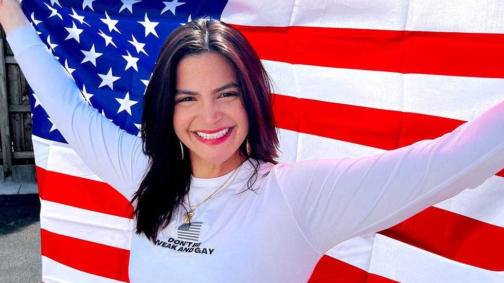 Valentina Gomez far right former Republican candidate for Missouri Secretary of State holding american flag wearing tshirt dont be weak and gay