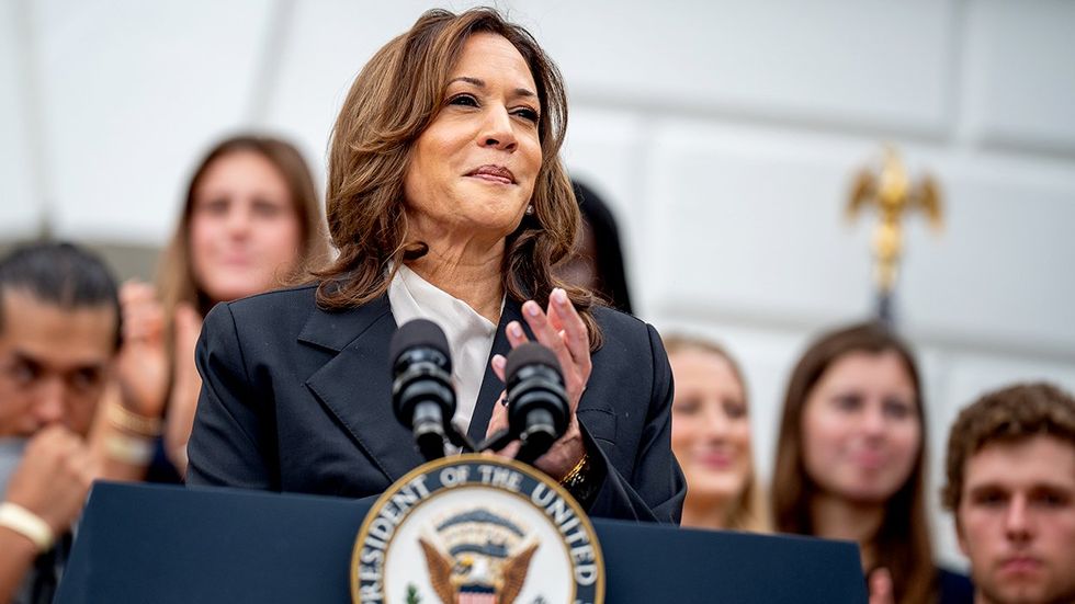 Vice President Kamala Harris speaks during an NCAA championship teams celebration on the South Lawn of the White House