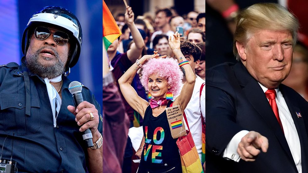 Victor Willis of the Village People cop outfit woman dancing in a pink wig LGBTQIA equality march Donald Trump points toward rally crowd