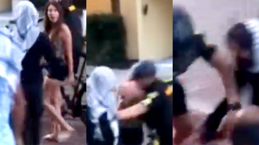 video stills brightened for clarity via swanofcentralfl shows queer pro Palestine protestor shoved by Orlando Florida police officer