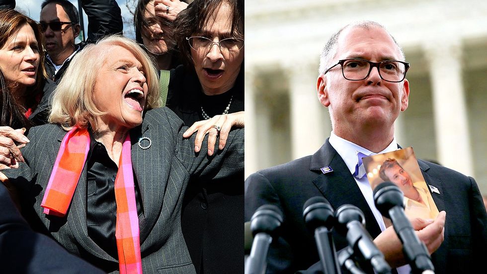VOICES Judy Chu Becca Balint PRIDE Act Plaintiff lesbian widow Edie Windsor 2013 case challenging constitutionality DOMA lgbtq supporters supreme court Plaintiff Jim Obergefell holding photo late husband John Arthur 2015 samesex couples right to marry all 50 states