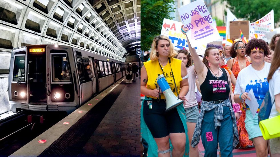 Washington DC Metro station platform orange line LGBTQ pride parade marchers