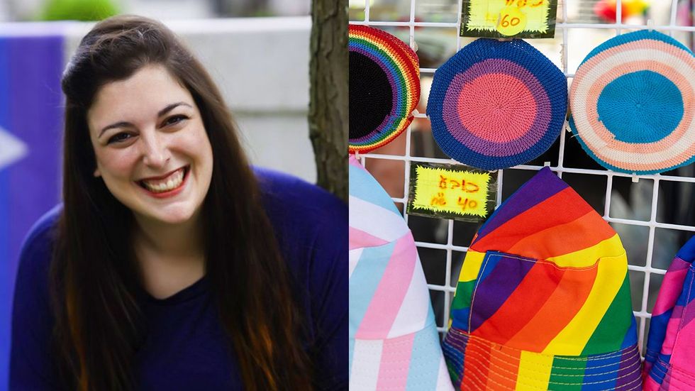 writer Rachael Fried Haifa Israel Pride Parade Knitted rainbow kippahs and panamas for sale