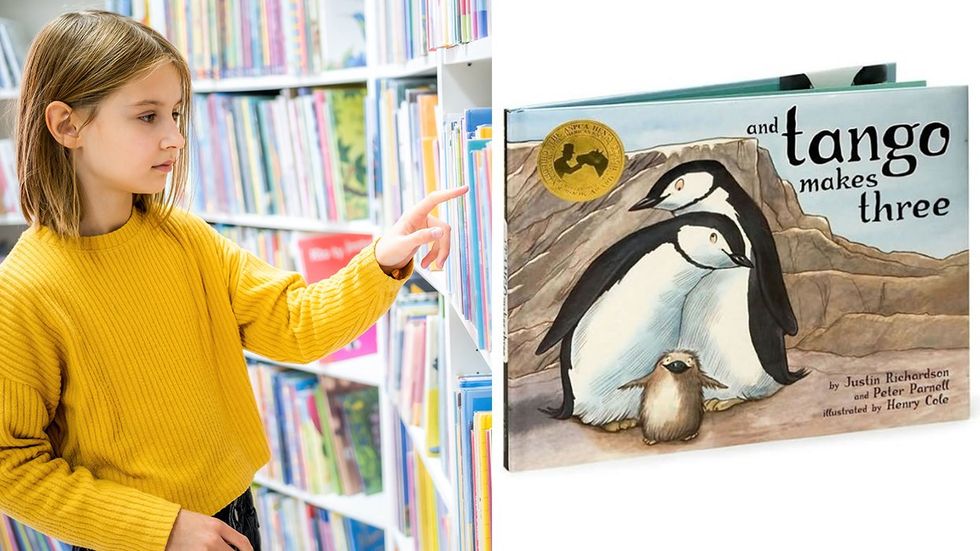 young reader school library selecting book And Tango Makes Three cover gay penguin family