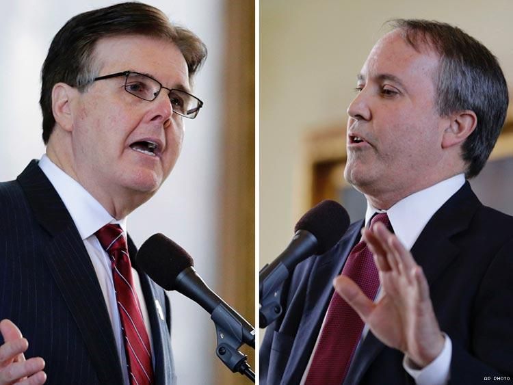 Texas Lieutenant Governor Dan Patrick at left; Texas Attorney General Ken Paxton at right