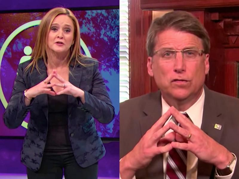 Samantha Bee at left; North Carolina Governor Pat McCrory