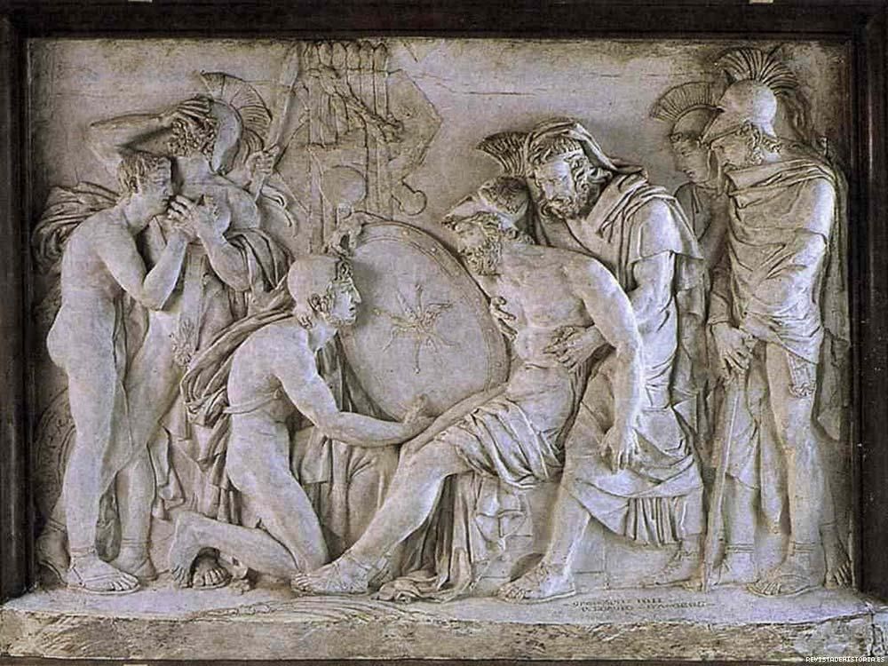 A black and white marble carving depicting the death of Patroclus from the Iliad.