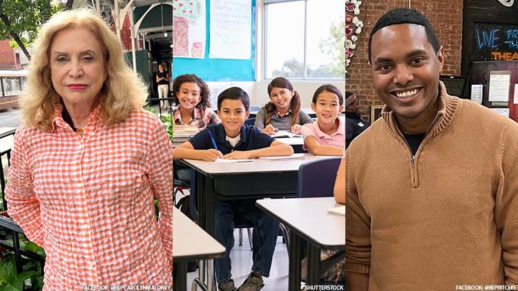 Democratic Congresswoman Carolyn Maloney of New York next to a group of school children, next to Rep. Ritchie Torres.