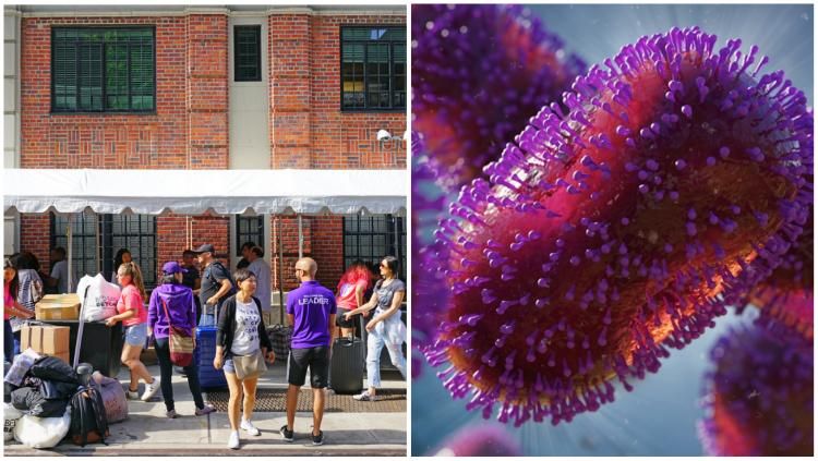 Students moving int a dorm building next to an illustration of the monkeypox virus.